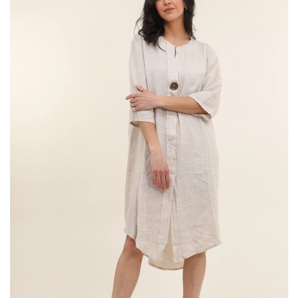 Womens Cotton Linen Kaftan Dress Coverup with Button Natural Size M/L Lagenlook